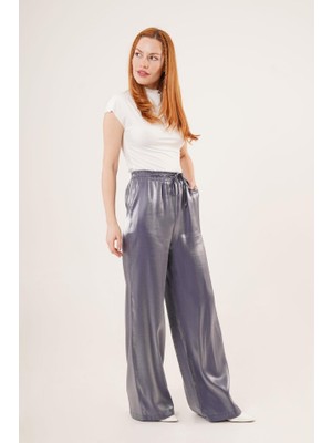 Indispensablely Parlak Görünümlü Cepli Mor Bol Paça Pantolon