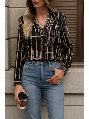 Indispensablely Kadın Uzun Kollu V Yakalı Desenli Dalgıç Bluz