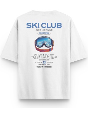 Overoz Ski Club Kayak Snowboard Sırt Baskılı Yarı Oversize Beyaz Tshirt 1409