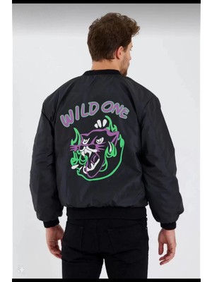 Wild One Baskılı   Bomber Mont – Panter Desenli, Fermuarlı, Kapitone Astarlı Ceket - Siyah