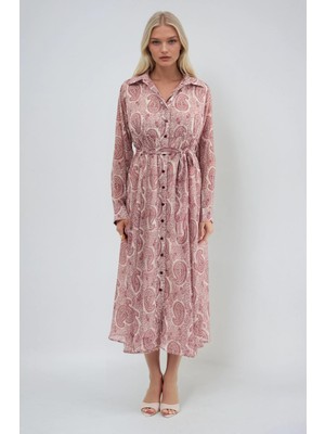 Lijuri Şal Desenli ve Kuşaklı Tiril Elbise 2029