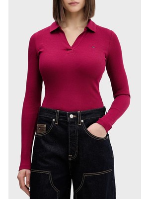 Tommy Jeans Pamuklu Slim Fit Logolu Polo Yaka T Shirt Bayan Polo Yaka T Shirt DW0DW21933 Vlc