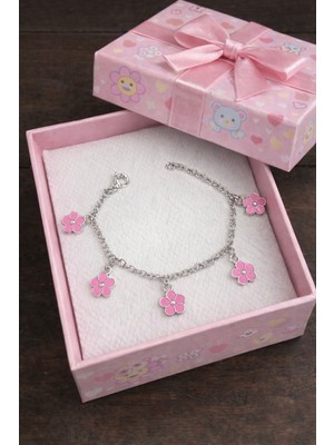 miraç gümüş takı atölyem 925 Ayar Gümüş Çiçek Detaylı Mineli Sallantı Kız Çocuk Bileklik