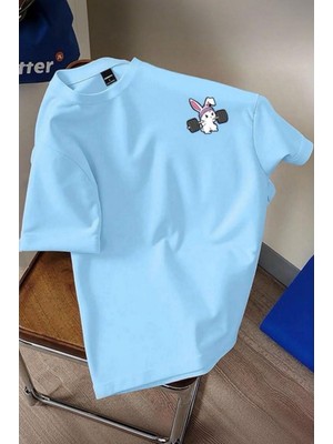 Oksit Gym Bunny - Halter Kaldıran Tavşan Baskılı Unisex Oversize Pamuklu Tişört