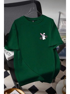 Oksit Gym Bunny - Halter Kaldıran Tavşan Baskılı Unisex Oversize Pamuklu Tişört