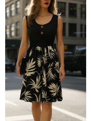 Indispensablely Kadın Askılı Yuvarlak Yaka Düğmeli Üst Viskon Alt Desenli Süprem Elbise