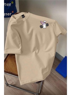 Oksit Gym Bunny - Halter Kaldıran Tavşan Baskılı Unisex Oversize Pamuklu Tişört