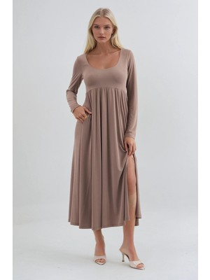 Lijuri Derin Yakalı ve Yırtmaçlı Modal Kumaş Elbise 2033