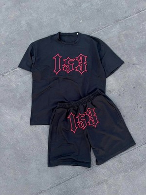 Nakış Işlemeli Şortlu Takım - Siyah