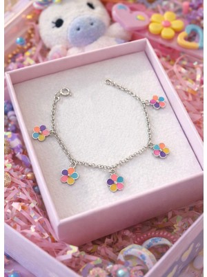 miraç gümüş takı atölyem 925 Ayar Gümüş Çiçek Detaylı Mineli Sallantı Kız Çocuk Bileklik