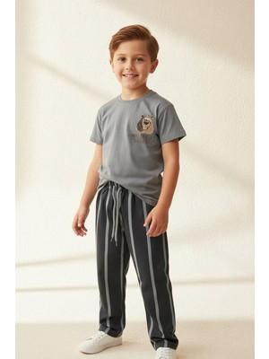 Monila Erkek Çocuk Pamuklu Ayıcık Baskılı T-Shirt ve Çizgili Eşofman Altı 2'li Takım