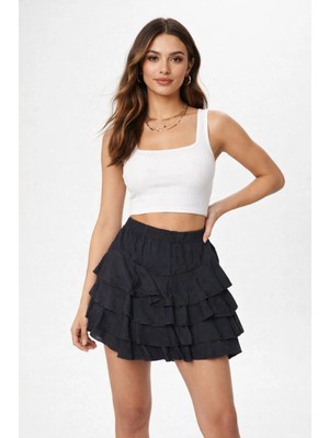 Siyah Katlı Mini Fırfıtlı Etek Lastikli Yüksel Bel, Volanlı Tasarım, Rahat Kalıp, Günlük V