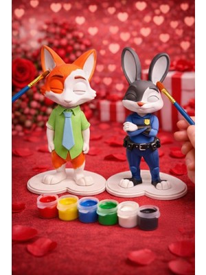 Printella Zootopie Tilki ve Tavşan Boyama Seti – 6 Renk Boya + 2 Fırça – Çift ve Çocuklara Özel