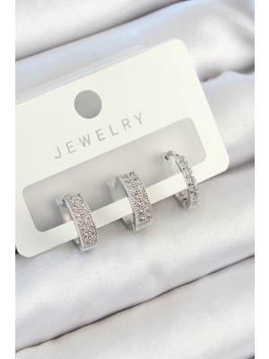 İsmiyle Al Pirinç Zirkon Taşlı Halka Model Gümüş Renk 3'lü Çift Kadın Küpe Set