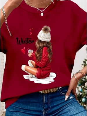 Indispensablely Kadın Yılbaşı Özel Uzun Kollu Bisiklet Yaka Desenli Viskon Iki Iplik Bluz