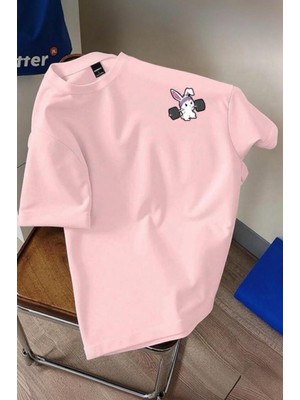 Oksit Gym Bunny - Halter Kaldıran Tavşan Baskılı Unisex Oversize Pamuklu Tişört