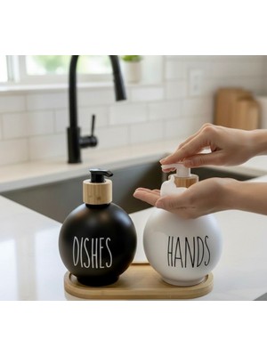 Lüks 2'li Cam Sabunluk Seti - 450 ml Pompalı Şişe ve Bambu Standlı 3 Parça Mutfak & Banyo Seti