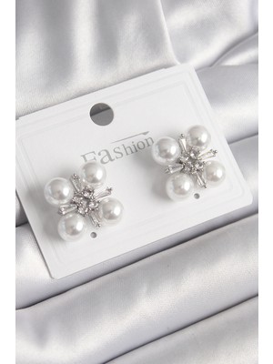 Skygo Pirinç Gümüş Renk Zirkon Taşlı Incili Kadın Küpe - TJ-BKP9948