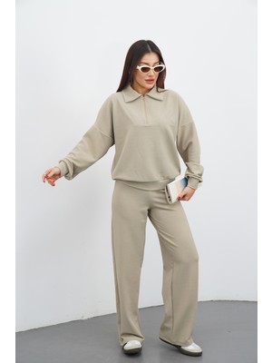 Dı Loria Kadın Bej Renk Eşofman Takım Oversize Fermuarlı Sweatshirt Pantolon