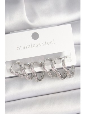 İsmiyle Al Pirinç Gümüş Renk Zirkon Taşlı 3 Çift Kalp Model Kadın Küpe