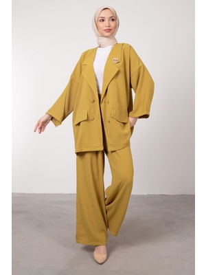 Tesettür Diyarı Oversize Kesim Broş Detaylı Tesettür Takım Standart Beden- Hardal