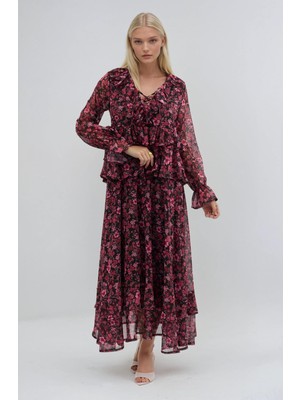 Lijuri Çiçek Desenli Volanlı Şifon Elbise 2027