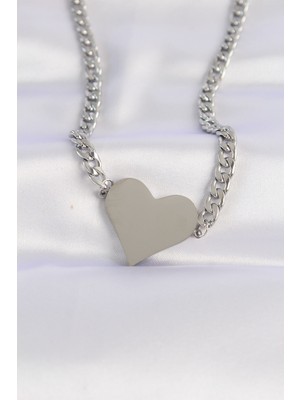 Skygo 316L Çelik Zincir Gümüş Renk Düz Plaka Kalp Kolye - TJ-BKO8643