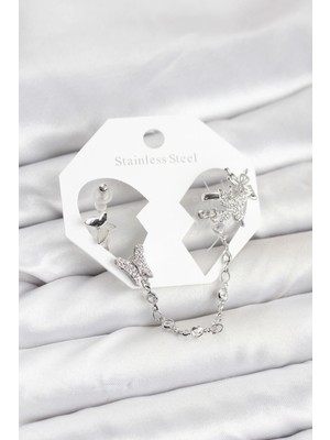İsmiyle Al Pirinç Gümüş Renk Kelebek Model Zincir Bağlantılı Ear Cuff Küpe Seti