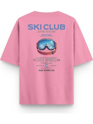 Overoz Ski Club Kayak Snowboard Sırt Baskılı Yarı Oversize Pembe Tshirt 1409
