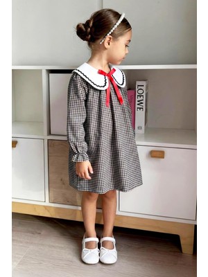 Monila Kız Çocuk Pamuklu Bebe Yaka Uzun Kollu Fiyonk Detaylı Kareli Elbise