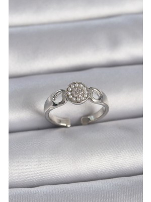 Skygo Pirinç Gümüş Renk Zirkon Taşlı Incili Kalp Işleme Detay Ayarlanabilir Model Kadın Yüzük