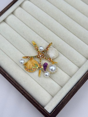 Luseda İthal Altın Renk Deniz Yıldızı & İncili Deniz Kabuklu Broş