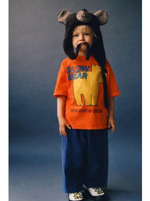 Monila Erkek Çocuk Pamuklu Turuncu Ayıcık Baskılı T-Shirt ve Eşofman Altı 2'li Takım