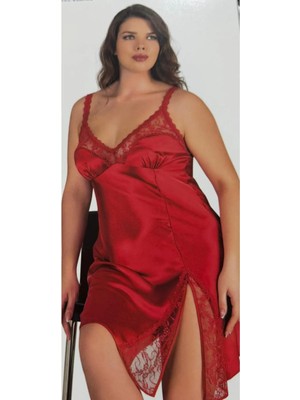 Primoda Underwear Kırmızı Saten Dantel Büyük Beden Çok Şık Gecelik-Yumuşak-Narin-Hafif-Duygusal