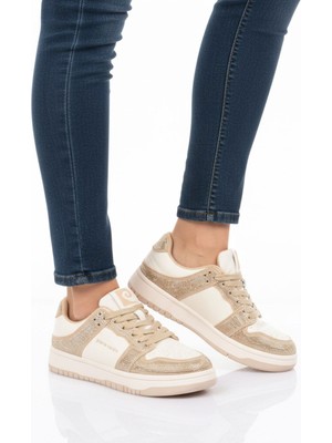 Pierre Cardin Beyaz Bej Bağcıklı Taş Işlemeli Hafif Kadın Sneaker PCI-11505 G