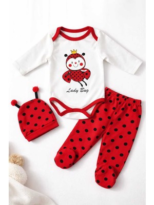 Tenra 3 Parça Bebek Çıtçıtl Badi Zıbın Seti %100 Pamuk Uğur Böceği Desenli 0-6 Ay