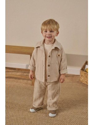 Magu Erkek Çocuk Pamuklu Bej Gömlekli Pantolonlu Takım - Çizgili T-Shirt Detaylı