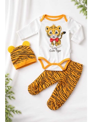 Tenra 3 Parça Bebek Çıtçıtlı Badi Zıbın Seti %100 Pamuk -Tiger Desenli 0-6 Ay