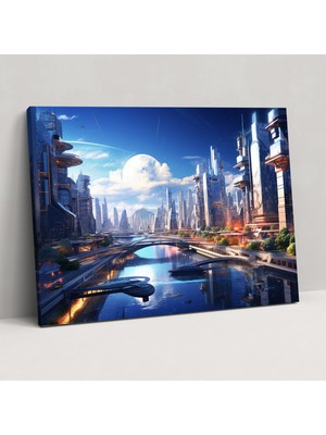 Popcas  Fütüristik Şehir Manzarası Kanvas Tablo Teknoloji Temalı