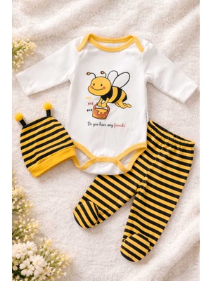 Tenra 3 Parça Bebek Çıtçıtlı Badi Seti %100 Pamuk Bal Arısı Desenli 0-6 Ay