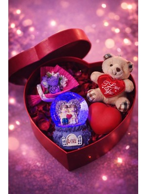 Kesene Sevgiliye Romantik Hediye Kutusu Işıklı Kalp Mor Kar Küresi Peluş Ayıcık ve Gül Buketi Hediye SETI02