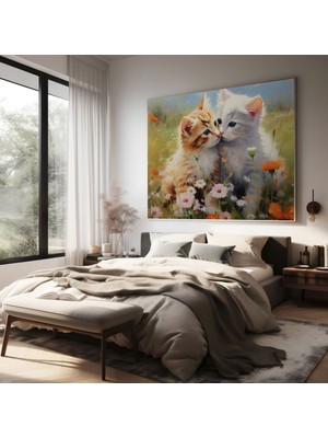 Popcas  Öpücük Kanvas Tablo - Canlı Çayır Sevimli Yavrular Duvar Dekorasyonu