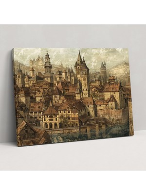 Popcas  Rönesans Şehir Manzarası Leonardo Da Vinci Tarzı Kanvas Tablo - Leonardo Da Vinci Kanvas Tablo Duvar Dekorasyonu Kanvas Duvar Sanatı