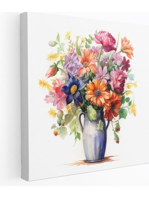 Popcas  Klasik Duvar Dekorasyonu Canlı Çiçek Buketi Suluboya Tablo Rustik Vazo