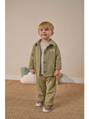 Magu Erkek Çocuk Pamuklu Haki Gömlekli Pantolonlu Takım - Çizgili T-Shirt Detaylı