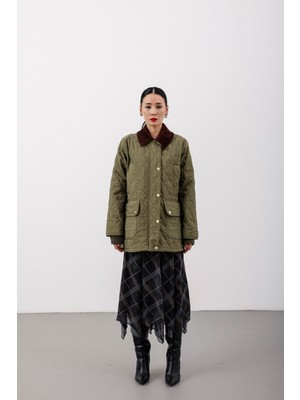 HOPE AND ME - Oversize Kapitone Kadife Yaka Astarlı Haki Mont