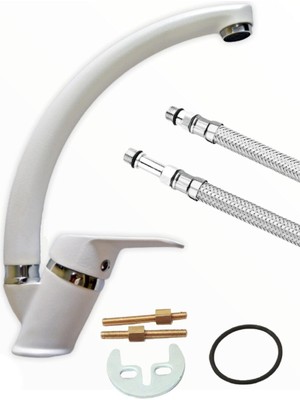 Fulcie Armatür Beyaz Krom Mix Kuğu Sıcak Soğuk Çift Su Girişli Mutfak Eviye