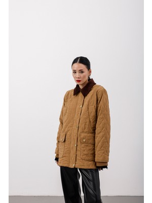 Hope And Me Oversize Kapitone Kadife Yaka Astarlı Camel Mont