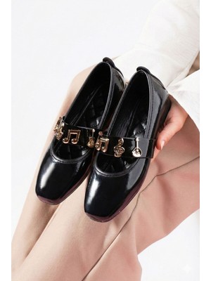 Albishoes Elora Kadın Babet Ofis Ayakkabısı Gold Nota Aksesuarlı Bantlı Nota Aksesuar Kadın Babet