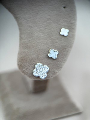 Luseda Gümüş Beyaz Renk Zirkon Taşlı Yonca Model 3’lü Küpe Seti